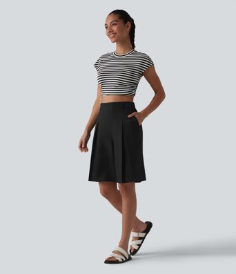 Wrinkle-resistant High Waisted Invisible Zipper Pleated Linen-Feel Casual Bermuda Baggy Shorts with Pockets