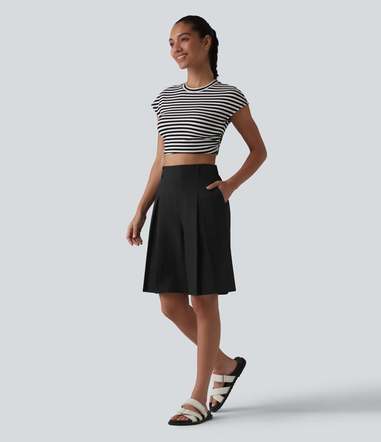 Wrinkle-resistant High Waisted Invisible Zipper Pleated Linen-Feel Casual Bermuda Baggy Shorts with Pockets