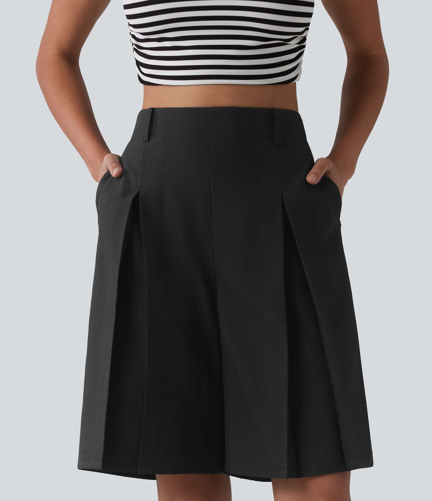 Wrinkle-resistant High Waisted Invisible Zipper Pleated Linen-Feel Casual Bermuda Baggy Shorts with Pockets