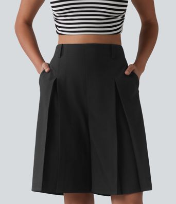 Wrinkle-resistant High Waisted Invisible Zipper Pleated Linen-Feel Casual Bermuda Baggy Shorts with Pockets