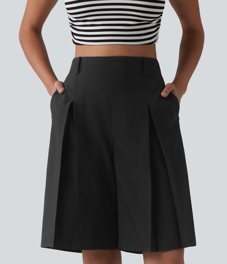 Wrinkle-resistant High Waisted Invisible Zipper Pleated Linen-Feel Casual Bermuda Baggy Shorts with Pockets