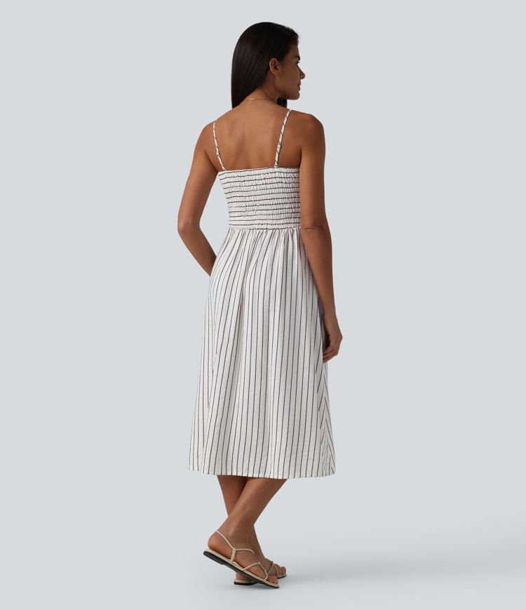 Removable Straps Shirred Stripes Linen-Feel Resort Slip Dress Removable Straps Shirred Stripes Linen-Feel Resort Slip Dress