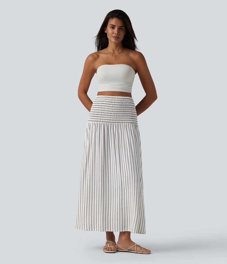 Removable Straps Shirred Stripes Linen-Feel Resort Slip Dress Removable Straps Shirred Stripes Linen-Feel Resort Slip Dress