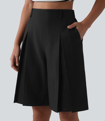 Wrinkle-resistant High Waisted Invisible Zipper Pleated Linen-Feel Casual Bermuda Baggy Shorts with Pockets