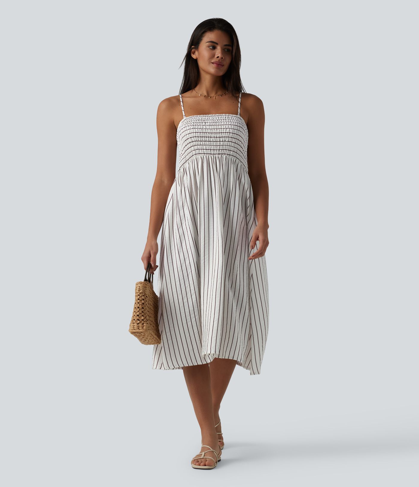 Removable Straps Shirred Stripes Linen-Feel Resort Slip Dress Removable Straps Shirred Stripes Linen-Feel Resort Slip Dress