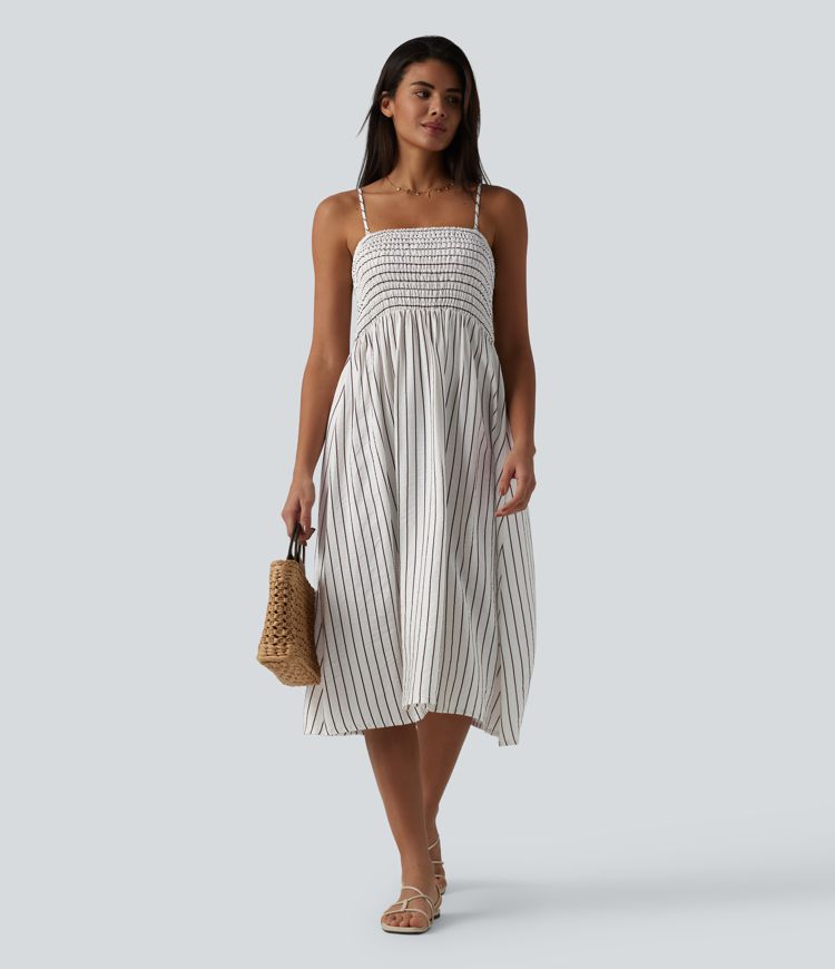 Removable Straps Shirred Stripes Linen-Feel Resort Slip Dress Removable Straps Shirred Stripes Linen-Feel Resort Slip Dress