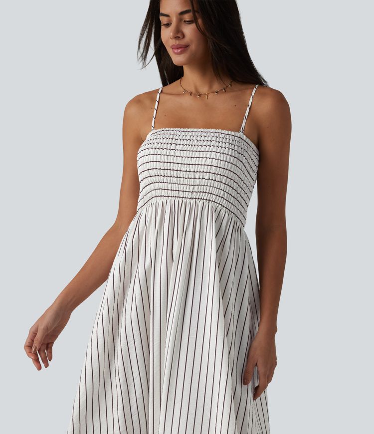 Removable Straps Shirred Stripes Linen-Feel Resort Slip Dress Removable Straps Shirred Stripes Linen-Feel Resort Slip Dress