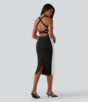 SoftlyZero™ Airy Built-in Bra Tummy Control Built-in Shapewear Bodycon Color Block Cool Touch Midi Dress-Easy Peezy Edition-UPF50+