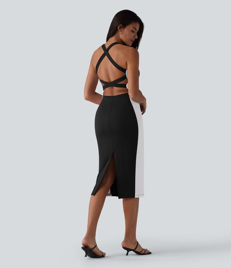 SoftlyZero™ Airy Built-in Bra Tummy Control Built-in Shapewear Bodycon Color Block Cool Touch Midi Dress-Easy Peezy Edition-UPF50+