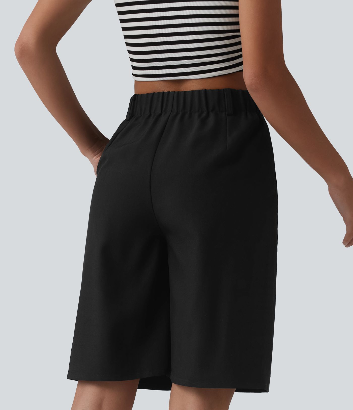 Wrinkle-resistant High Waisted Invisible Zipper Pleated Linen-Feel Casual Bermuda Baggy Shorts with Pockets