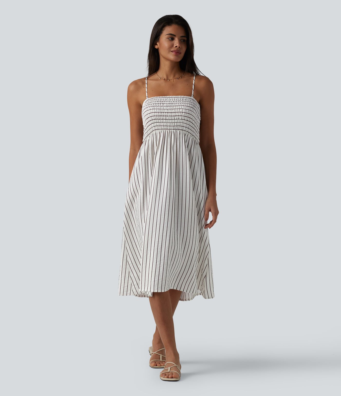 Removable Straps Shirred Stripes Linen-Feel Resort Slip Dress Removable Straps Shirred Stripes Linen-Feel Resort Slip Dress