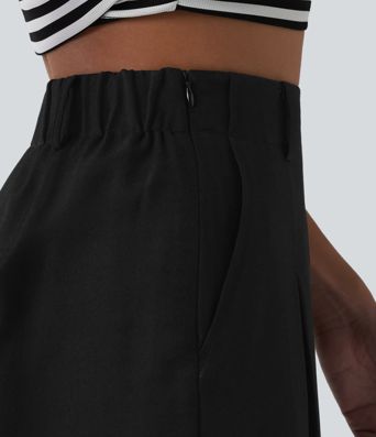 Wrinkle-resistant High Waisted Invisible Zipper Pleated Linen-Feel Casual Bermuda Baggy Shorts with Pockets