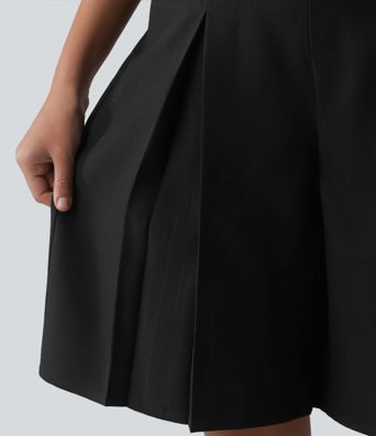 Wrinkle-resistant High Waisted Invisible Zipper Pleated Linen-Feel Casual Bermuda Baggy Shorts with Pockets