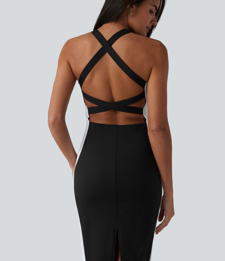 SoftlyZero™ Airy Built-in Bra Tummy Control Built-in Shapewear Bodycon Color Block Cool Touch Midi Dress-Easy Peezy Edition-UPF50+