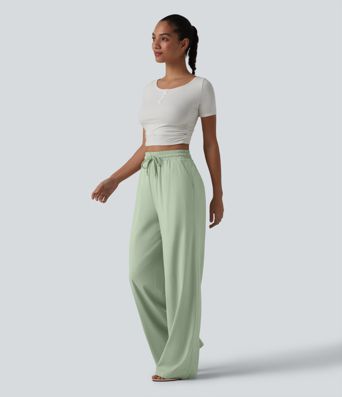 Lässige Hose aus Leinenmischgewebe mit hohem Bund, Seitentaschen, Kordelzug und weitem Bein