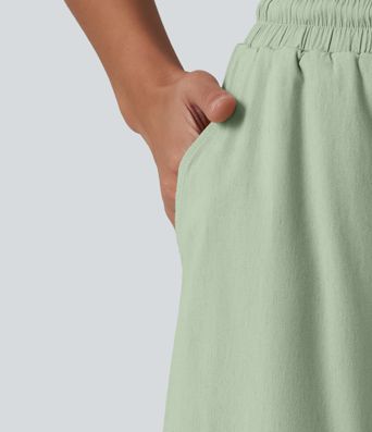 Lässige Hose aus Leinenmischgewebe mit hohem Bund, Seitentaschen, Kordelzug und weitem Bein