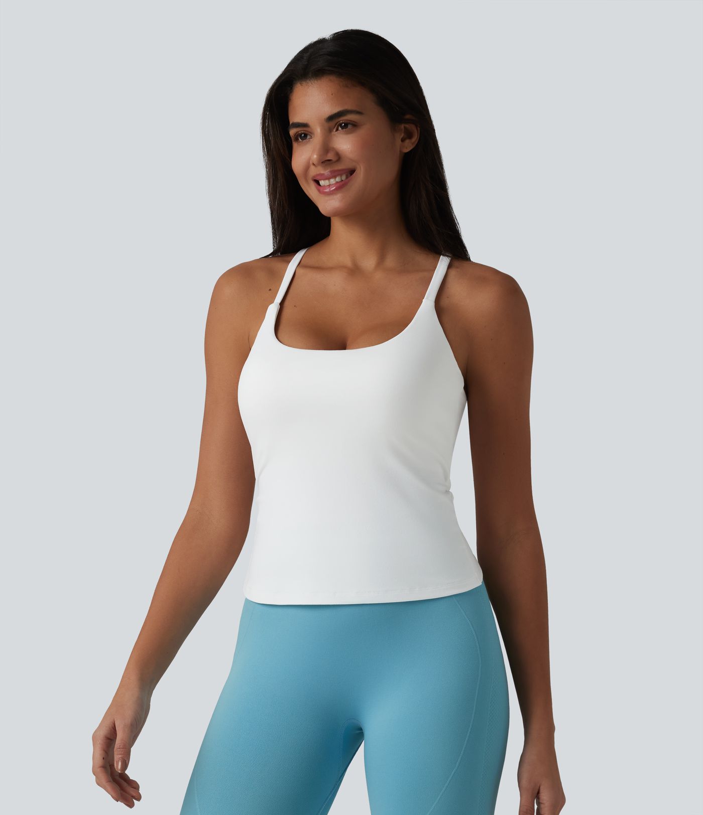 Caraco de yoga col rond échancré à dos croisé et ourlet croisé avec brassière intégrée — Bonnets D-F