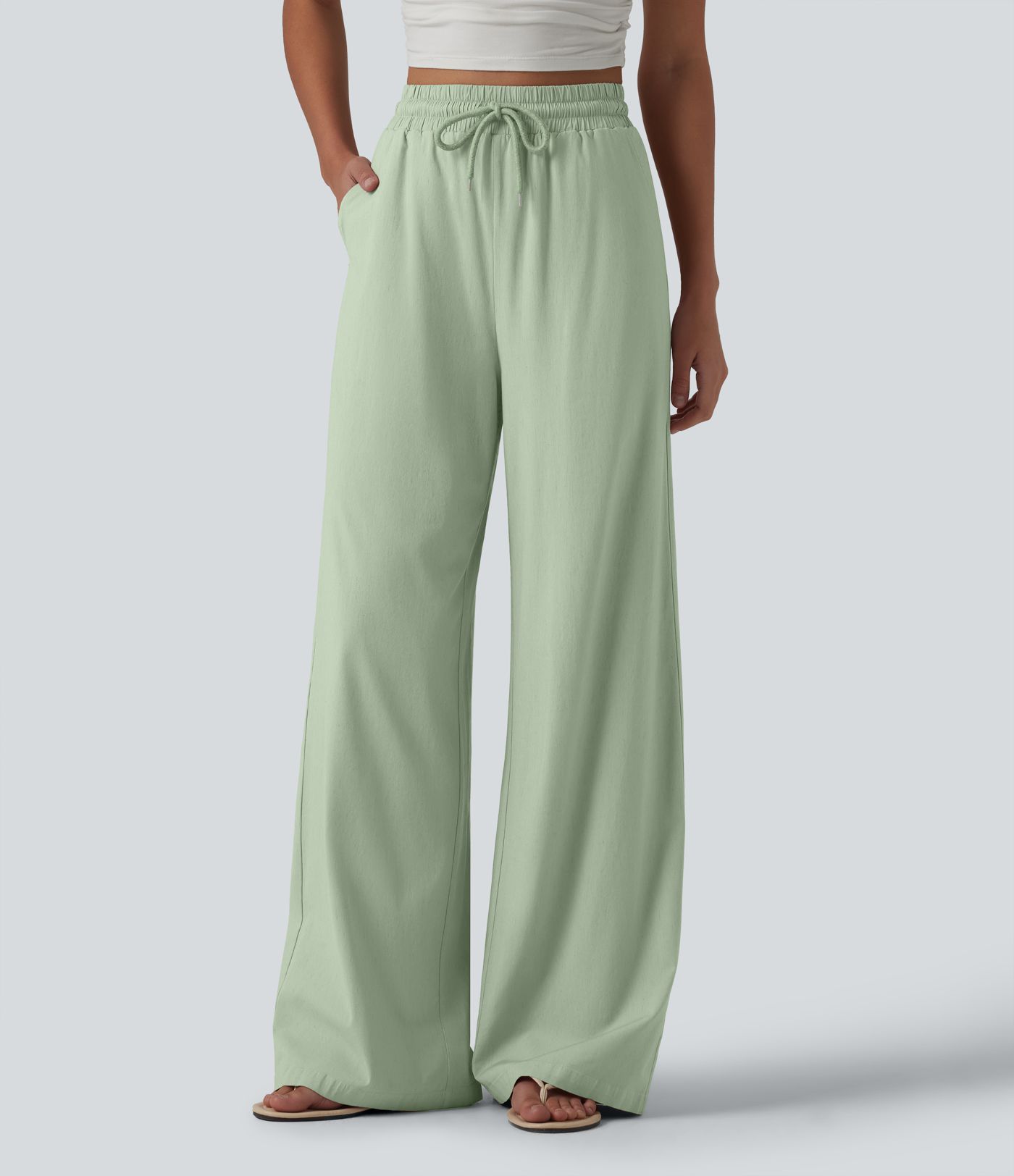 Lässige Hose aus Leinenmischgewebe mit hohem Bund, Seitentaschen, Kordelzug und weitem Bein