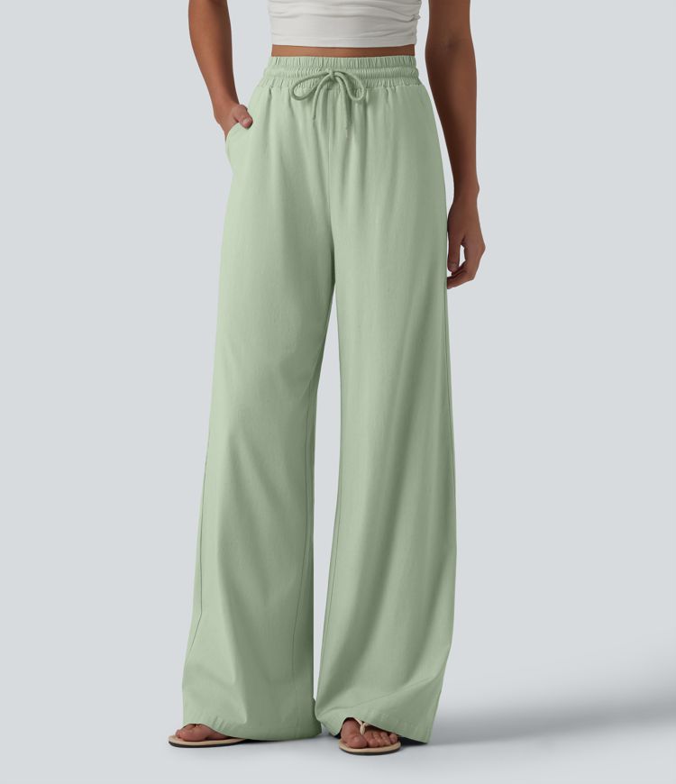 Lässige Hose aus Leinenmischgewebe mit hohem Bund, Seitentaschen, Kordelzug und weitem Bein