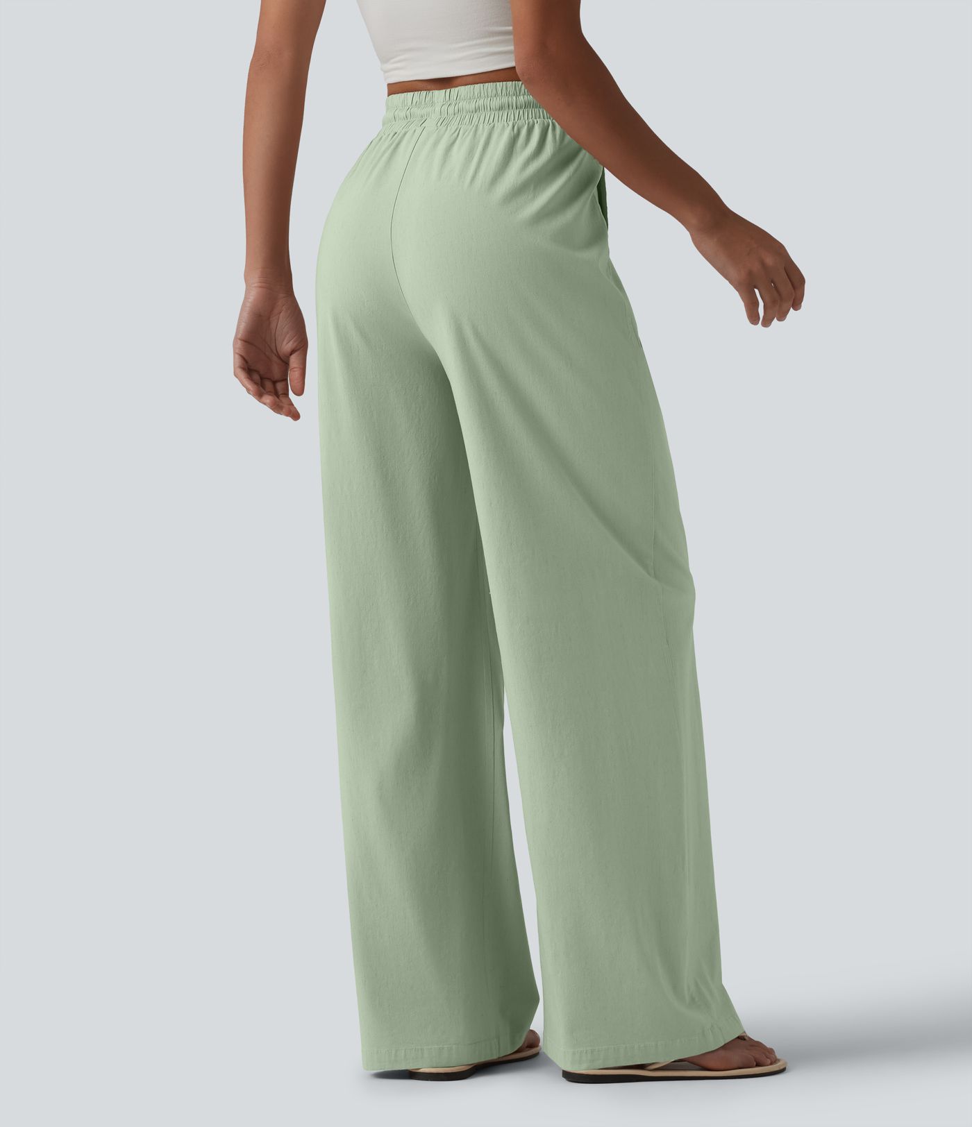 Lässige Hose aus Leinenmischgewebe mit hohem Bund, Seitentaschen, Kordelzug und weitem Bein