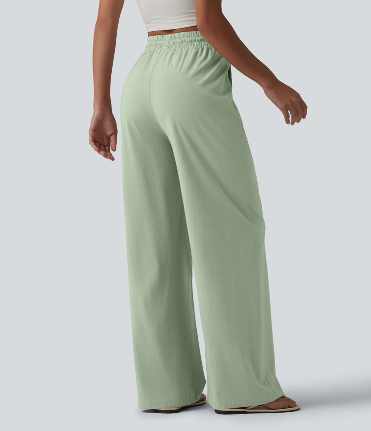 Lässige Hose aus Leinenmischgewebe mit hohem Bund, Seitentaschen, Kordelzug und weitem Bein