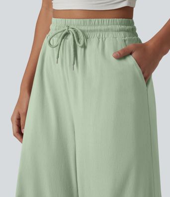 Lässige Hose aus Leinenmischgewebe mit hohem Bund, Seitentaschen, Kordelzug und weitem Bein