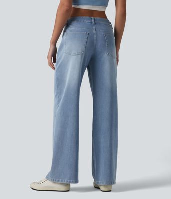 Halara Flex™ Low Rise Zipper Pockets Washed Baggy Wide Leg Casual Jeans