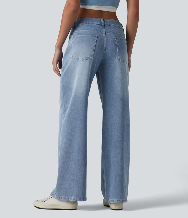 Halara Flex™ Low Rise Zipper Pockets Washed Baggy Wide Leg Casual Jeans
