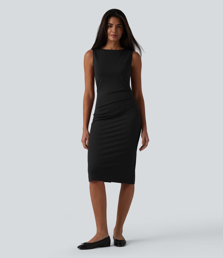 Boat Neck Sleeveless Pencil Midi Work Dress