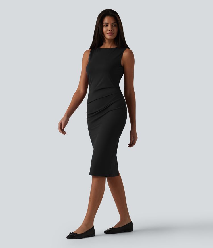Boat Neck Sleeveless Pencil Midi Work Dress