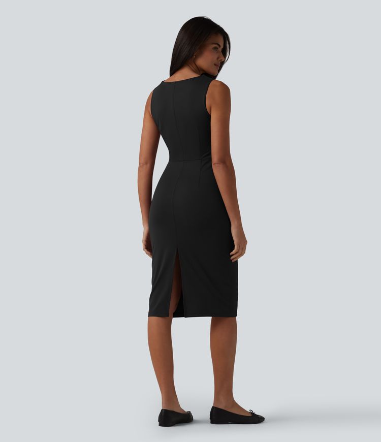 Boat Neck Sleeveless Pencil Midi Work Dress