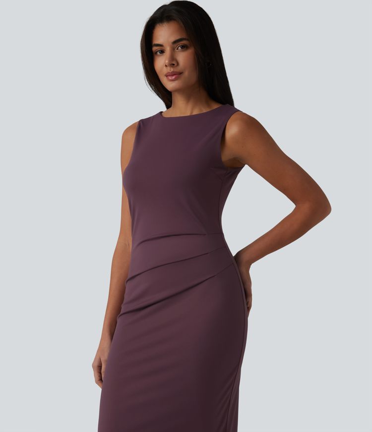 Boat Neck Sleeveless Pencil Midi Work Dress