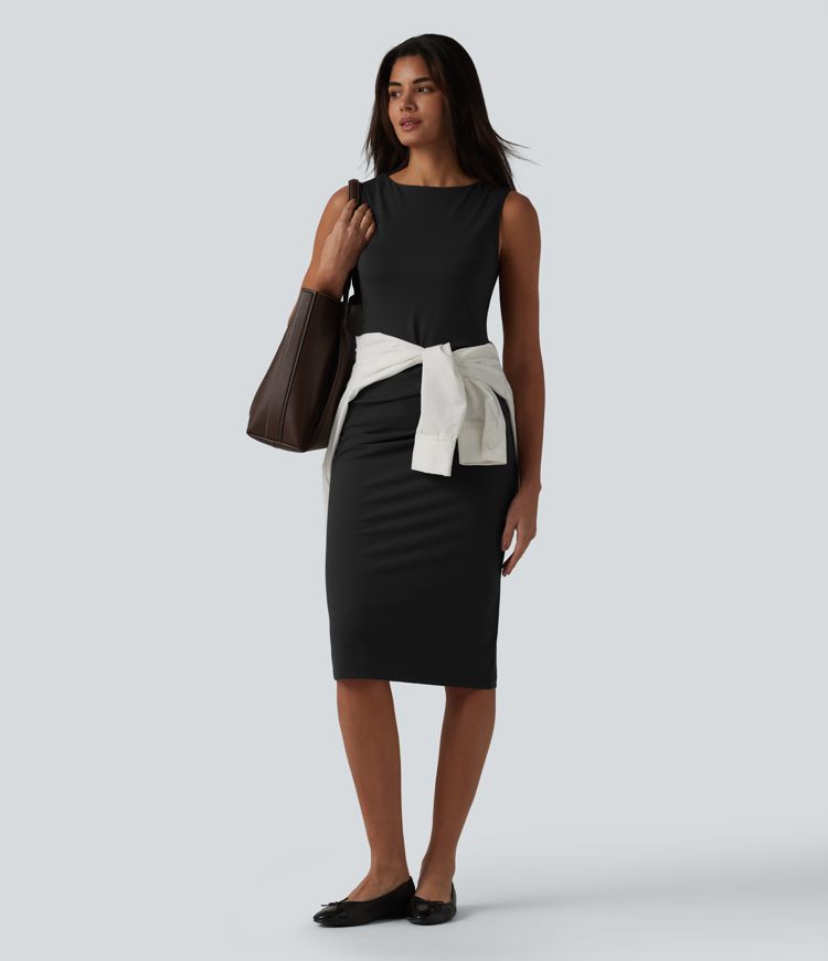 Boat Neck Sleeveless Pencil Midi Work Dress