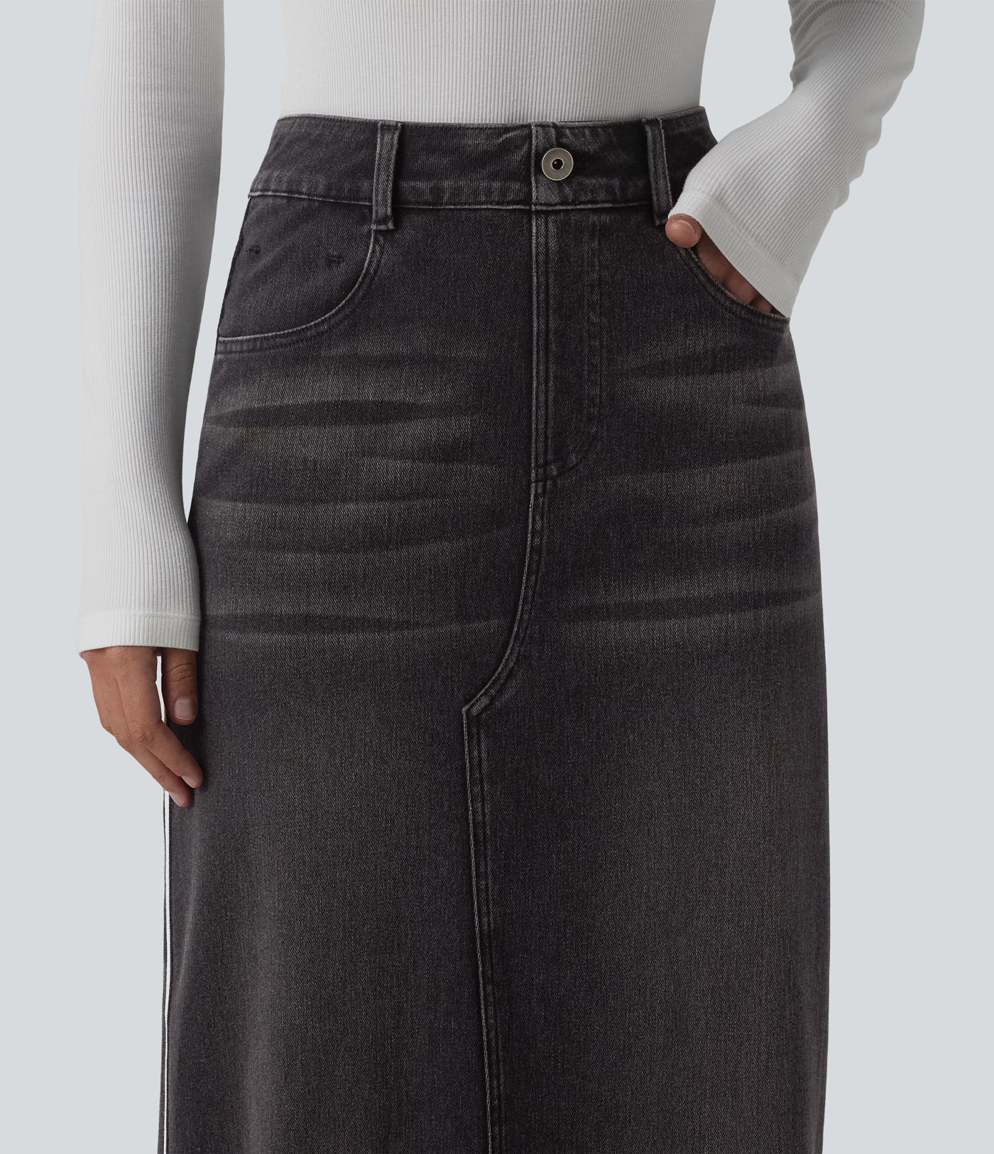 Halara Flex™ High Waisted Stripe Washed Denim Maxi Casual Skirt with Pockets Halara Flex™ High Waisted Stripe Washed Denim Maxi Casual Skirt with Pockets