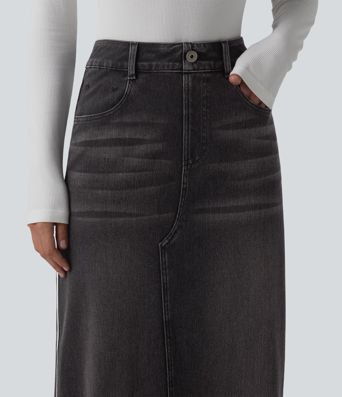 Halara Flex™ High Waisted Stripe Washed Denim Maxi Casual Skirt with Pockets Halara Flex™ High Waisted Stripe Washed Denim Maxi Casual Skirt with Pockets