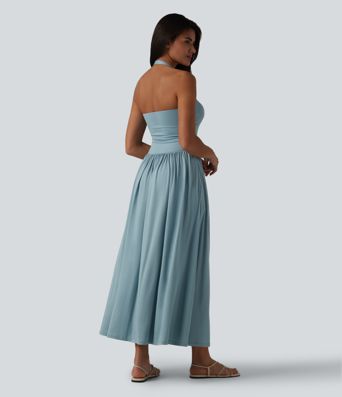 Halter Built-in Bra Flowy Maxi Casual Dress with Pockets