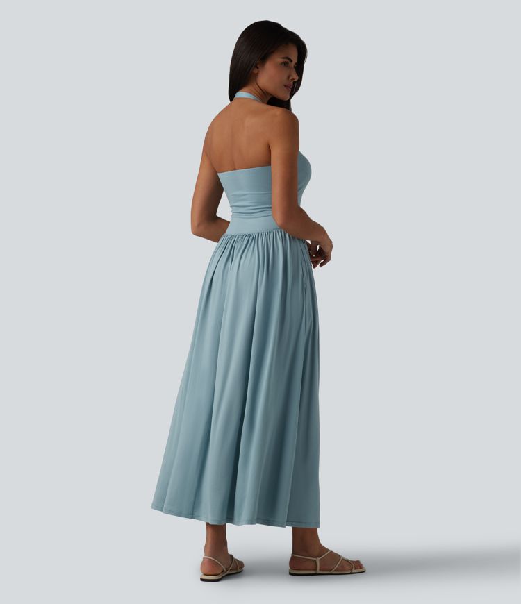 Halter Built-in Bra Flowy Maxi Casual Dress with Pockets