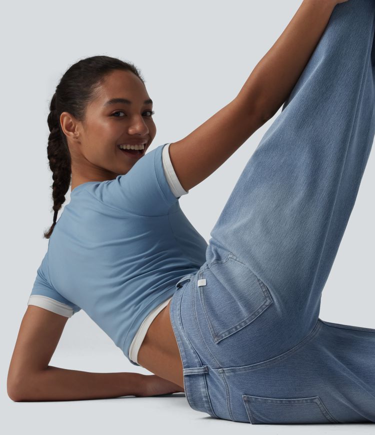 Halara Flex™ Low Rise Zipper Pockets Washed Baggy Wide Leg Casual Jeans