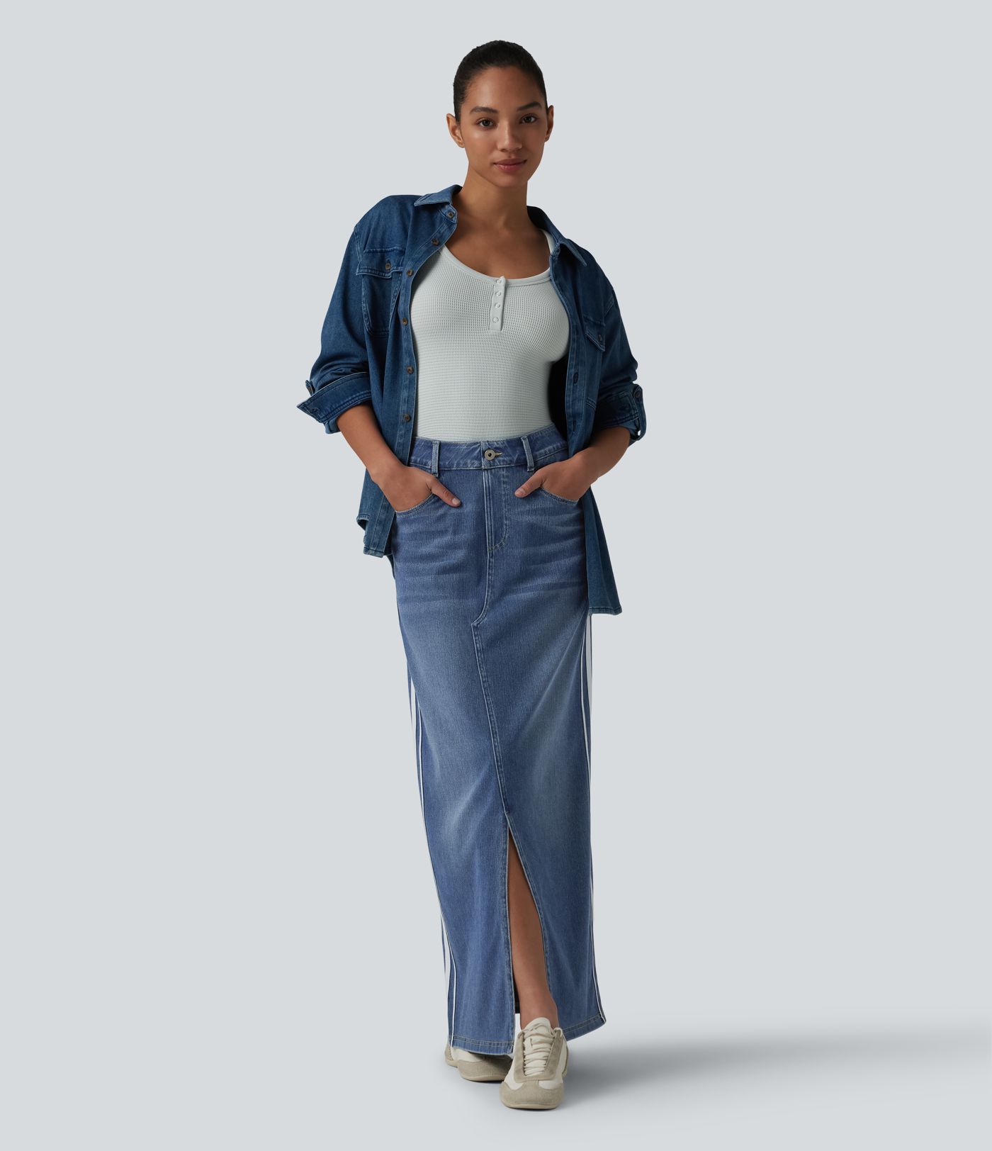 Halara Flex™ High Waisted Stripe Washed Denim Maxi Casual Skirt with Pockets