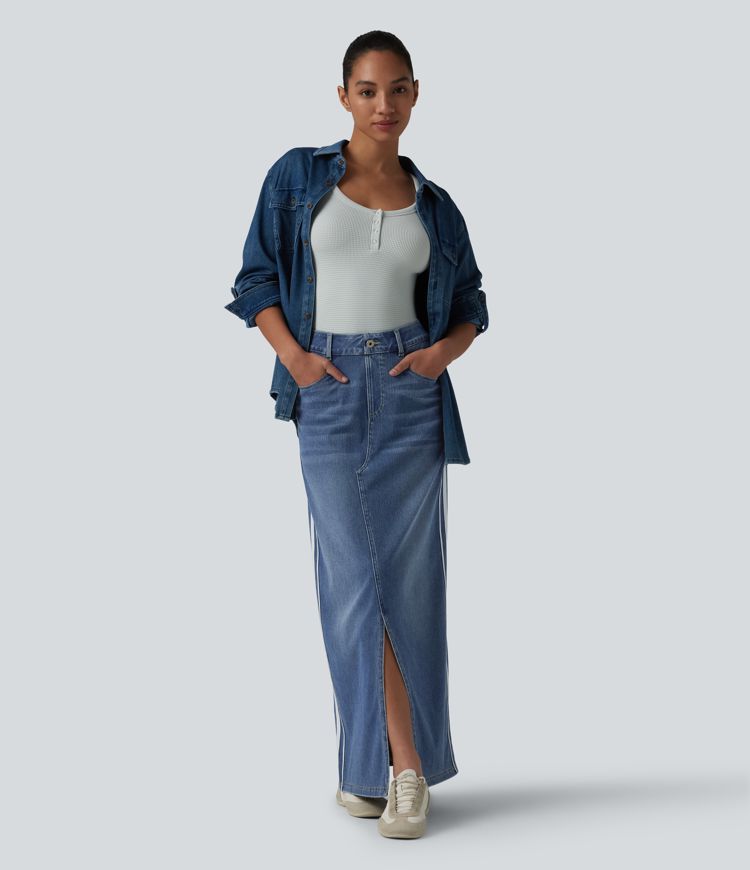Halara Flex™ High Waisted Stripe Washed Denim Maxi Casual Skirt with Pockets