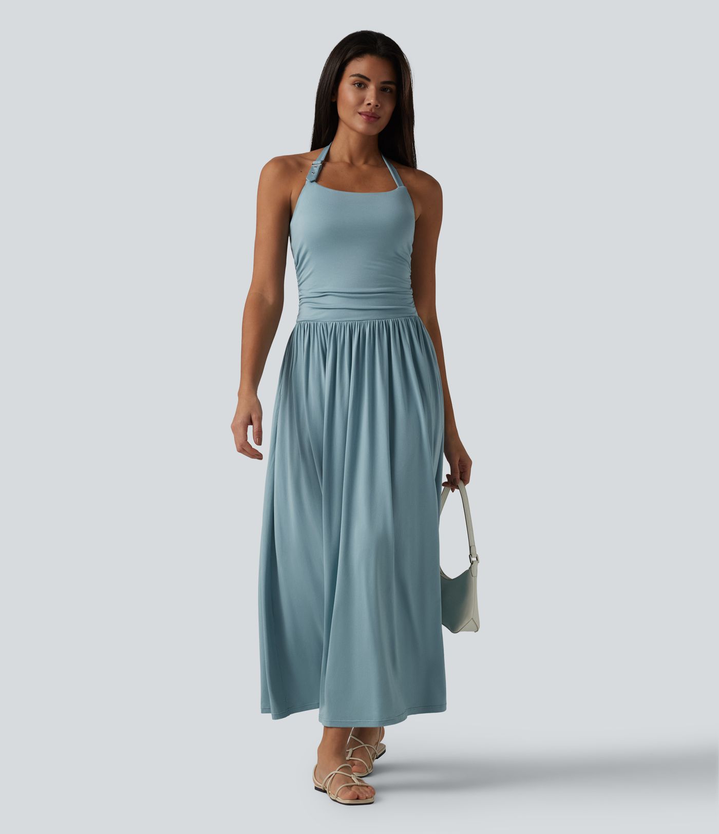 Halter Built-in Bra Flowy Maxi Casual Dress with Pockets