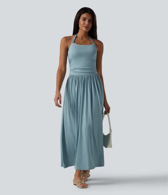 Halter Built-in Bra Flowy Maxi Casual Dress with Pockets