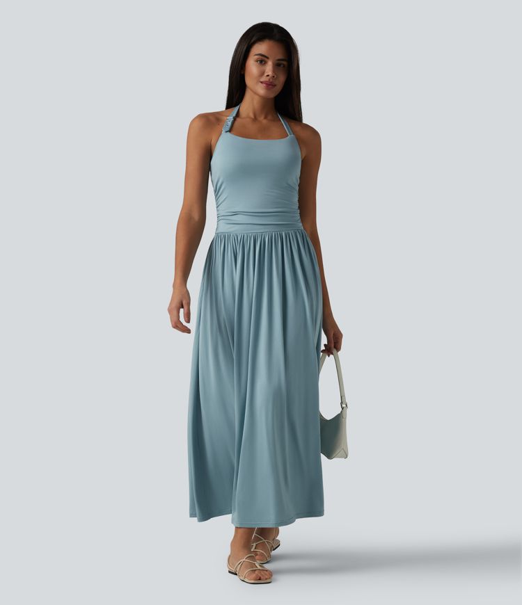 Halter Built-in Bra Flowy Maxi Casual Dress with Pockets