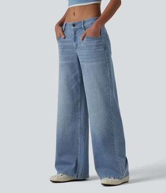 Halara Flex™ Low Rise Zipper Pockets Washed Baggy Wide Leg Casual Jeans