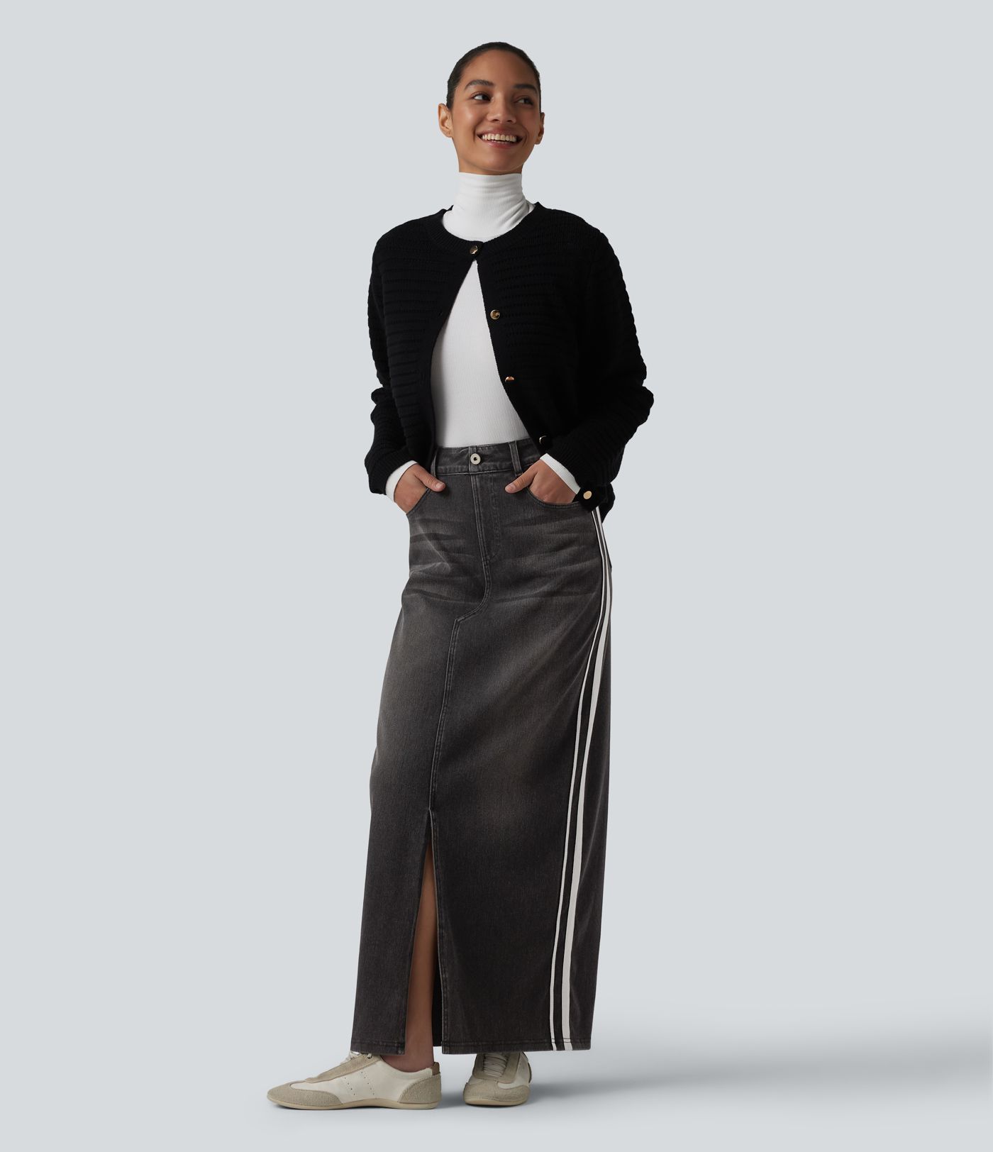 Halara Flex™ High Waisted Stripe Washed Denim Maxi Casual Skirt with Pockets Halara Flex™ High Waisted Stripe Washed Denim Maxi Casual Skirt with Pockets
