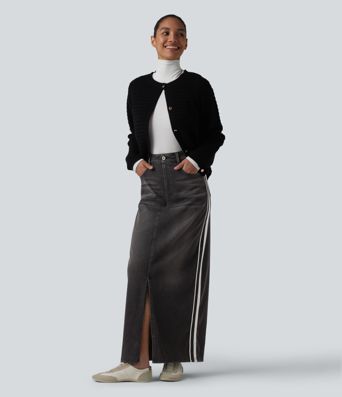 Halara Flex™ High Waisted Stripe Washed Denim Maxi Casual Skirt with Pockets Halara Flex™ High Waisted Stripe Washed Denim Maxi Casual Skirt with Pockets
