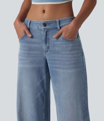 Halara Flex™ Low Rise Zipper Pockets Washed Baggy Wide Leg Casual Jeans