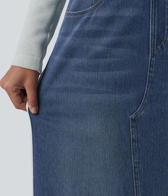 Halara Flex™ High Waisted Stripe Washed Denim Maxi Casual Skirt with Pockets