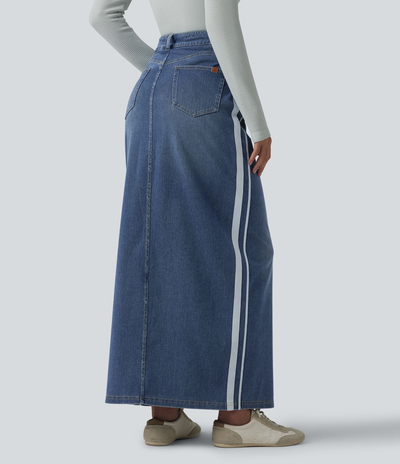 Halara Flex™ High Waisted Stripe Washed Denim Maxi Casual Skirt with Pockets