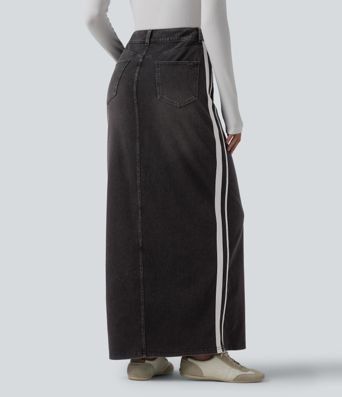 Halara Flex™ High Waisted Stripe Washed Denim Maxi Casual Skirt with Pockets Halara Flex™ High Waisted Stripe Washed Denim Maxi Casual Skirt with Pockets